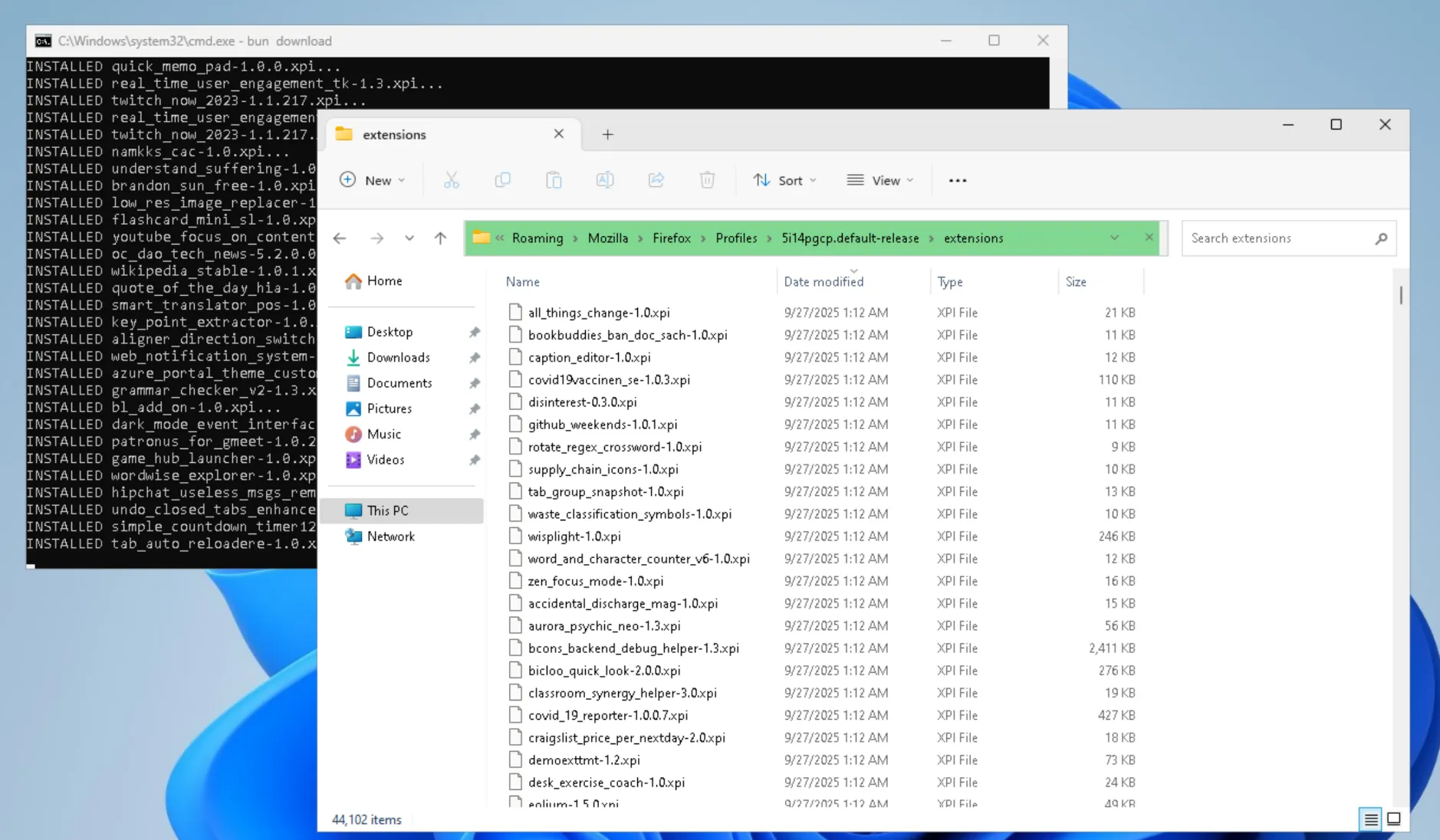 File explorer with the extensions folder open in the foreground, and the download script open in the background. All visible extensions were last modified on 9/27/2025 at 1:12 AM.