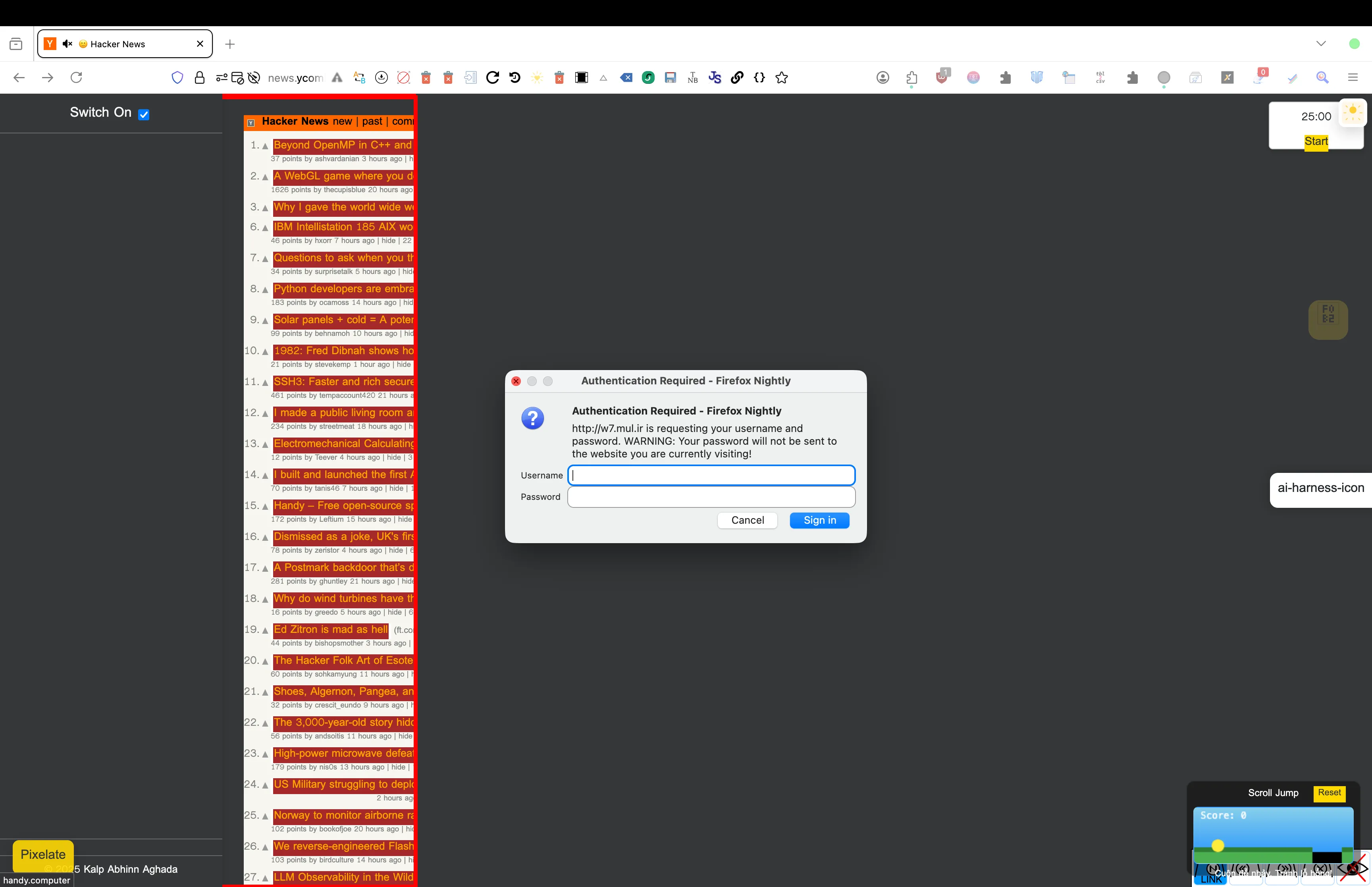 Hacker News but most of the page is just gray where Hacker News itself is really small and to the left and its links have a dark bg with bright text. There is also an auth popup from "w7.mul.ir".