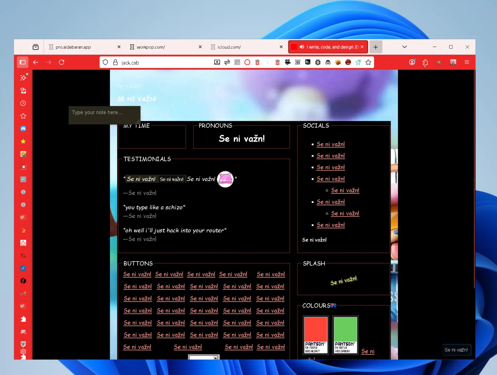 Jack.cab open on Attempt 1. The color scheme is strange, all text is "Se ni važn", there's a low resolution Goku background, and there's a sticky note