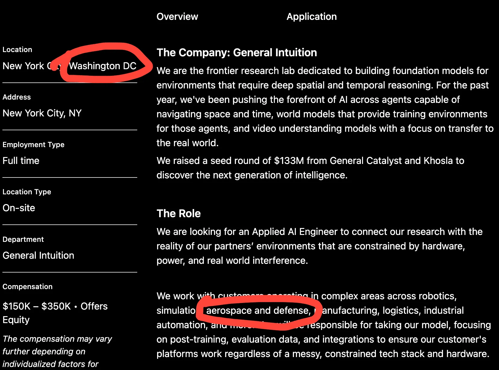 General Intutiton has a job application for "Applied AI Engineer (Spatial and Embodied AI)" located in Washington DC that says you will work with customers operating in the aerospace and defense sector