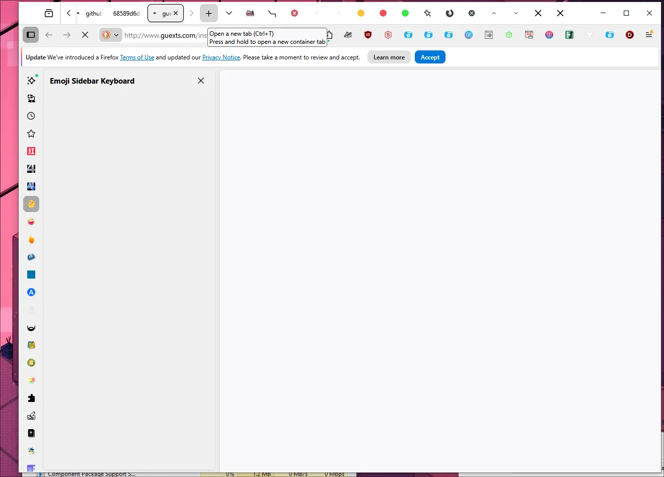Firefox with "Emoji Sidebar Keyboard" open in a sidebar. The sidebar and toolbar are covered in extensions.