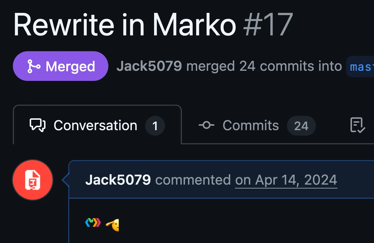 A PR named Rewrite in Marko posted April 14, 2024. Description: :marko: 🫡