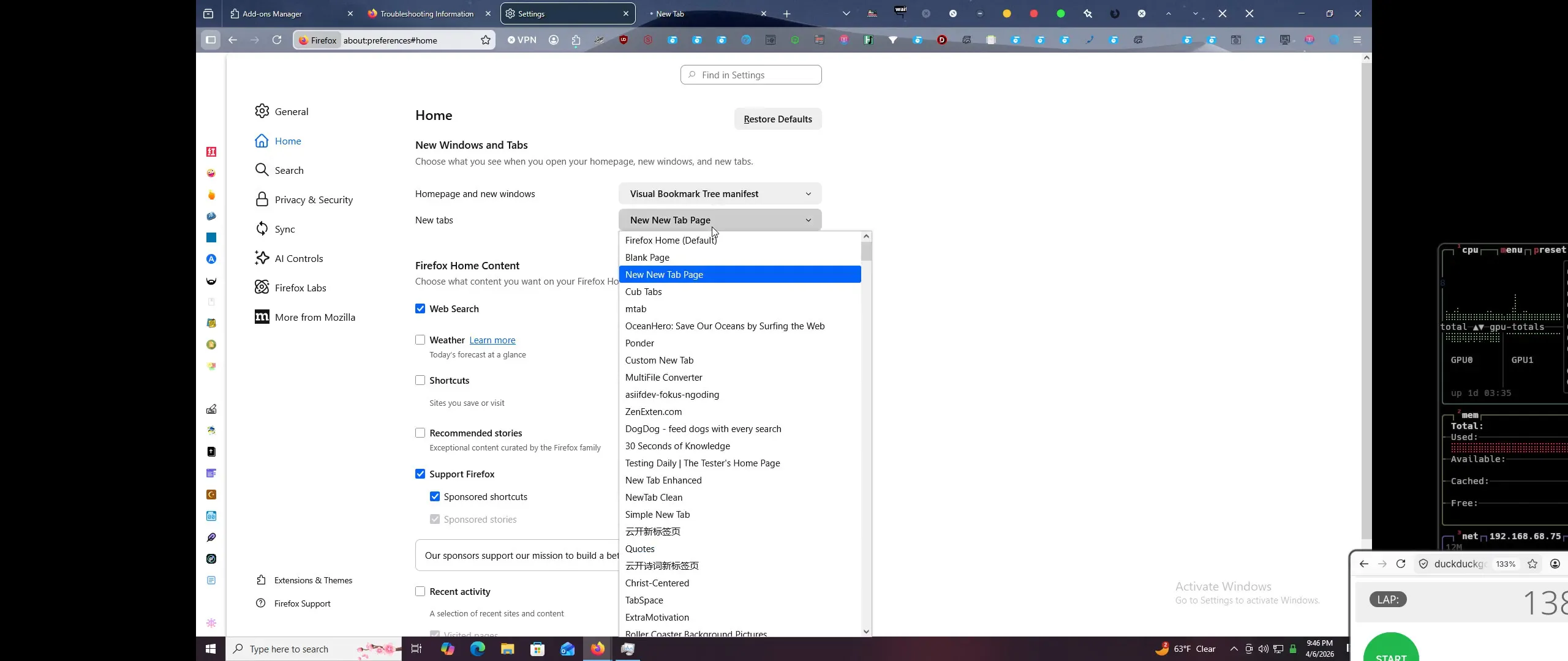 Preferences page. Homepage is set to "Visual Bookmark Tree manifest". The New Tab dropdown is enormous, and is currently set to "New New Tab Page".