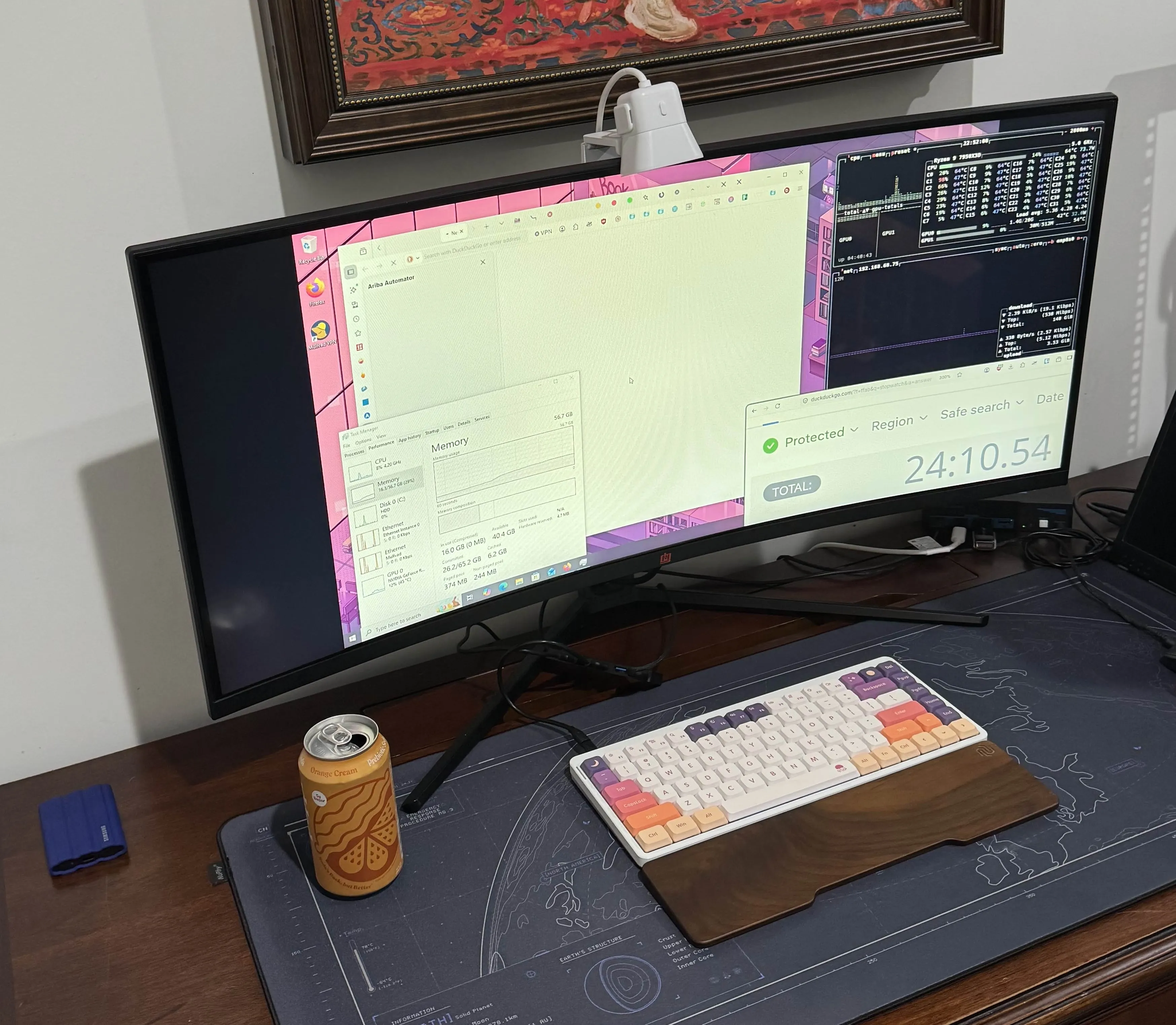Firefox open, 24 minutes elapsed on a stopwatch, and "Ariba Automator" open in a sidebar