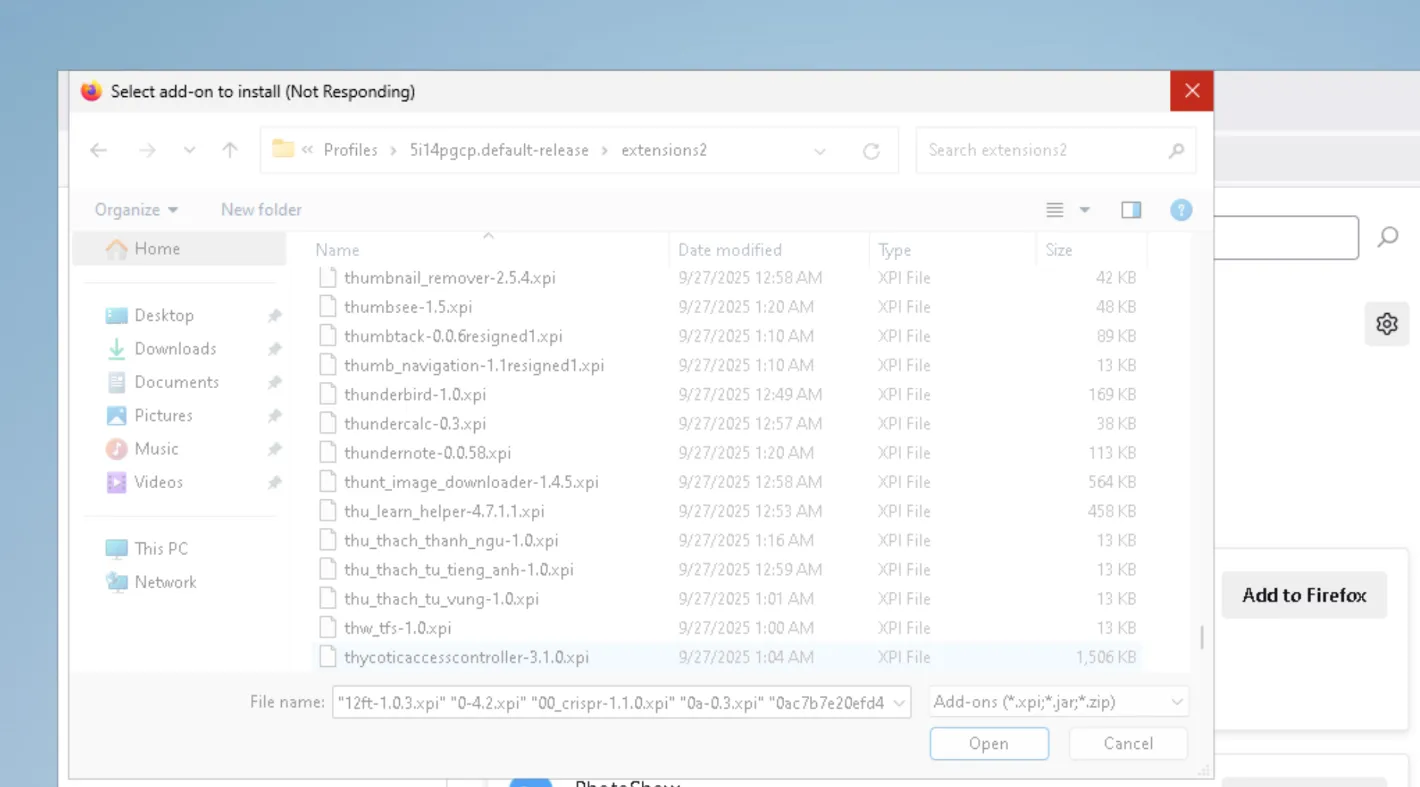 The "select add-on to install" dialog is Not Responding as I try to select all